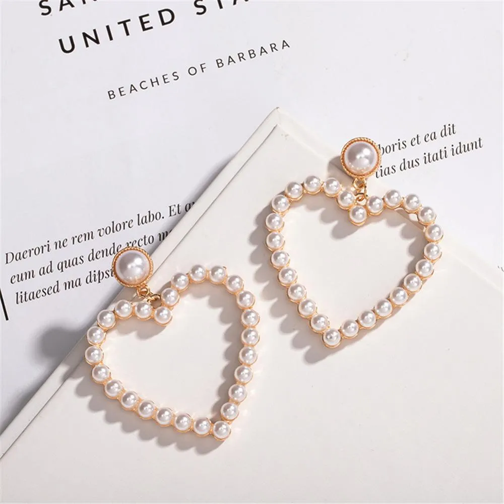 Statement Jewelry Big Heart Pearl Drop Earrings with Zircon in Gold Color