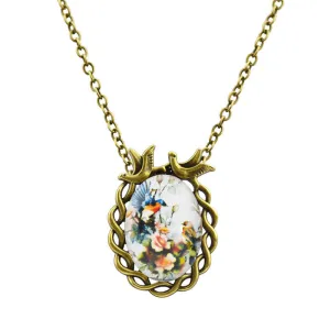 Summer Style Jewelry Vintage Antique Bronze Oval Flower Bird Alloy Pendant Necklace Glass Cabochon Statement Necklace for Women