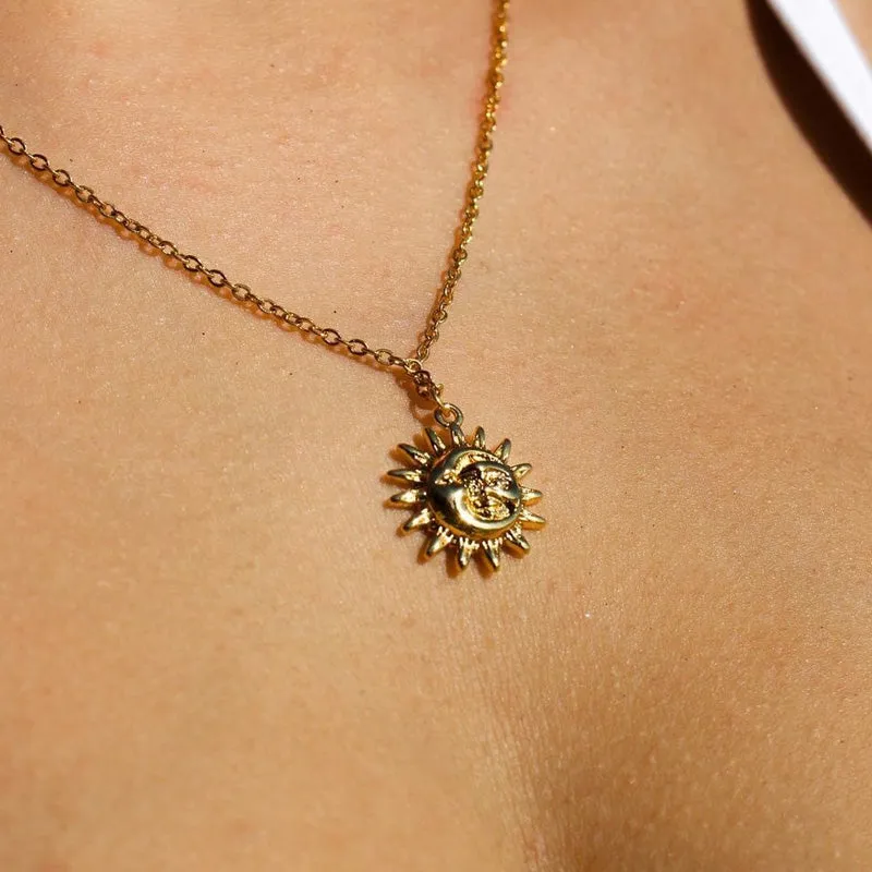 Sun And Moon Necklace For Women Stainless Steel Vintage Gold Chain