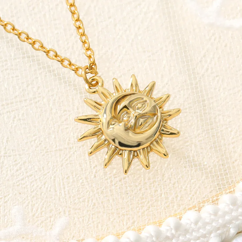 Sun And Moon Necklace For Women Stainless Steel Vintage Gold Chain