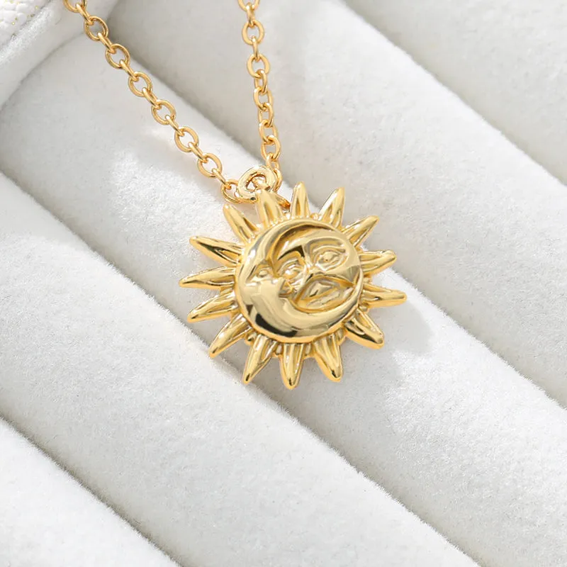 Sun And Moon Necklace For Women Stainless Steel Vintage Gold Chain