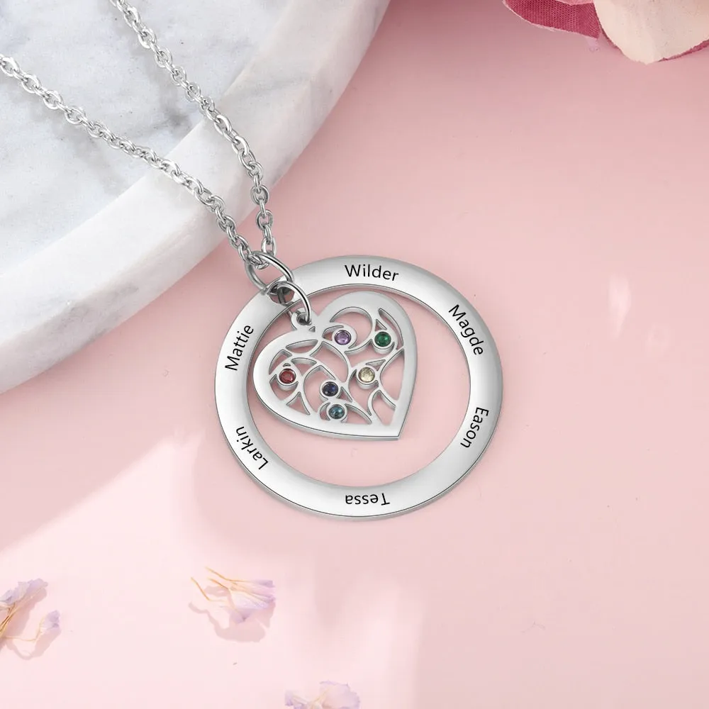 Tree of Life Name Necklace with Birthstone Name Engraved Pendant Family