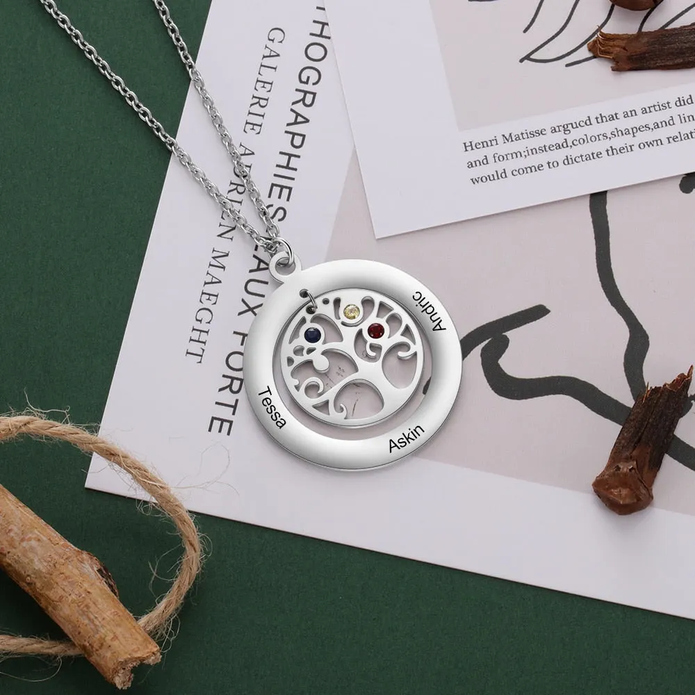 Tree of Life Name Necklace with Birthstone Name Engraved Pendant Family