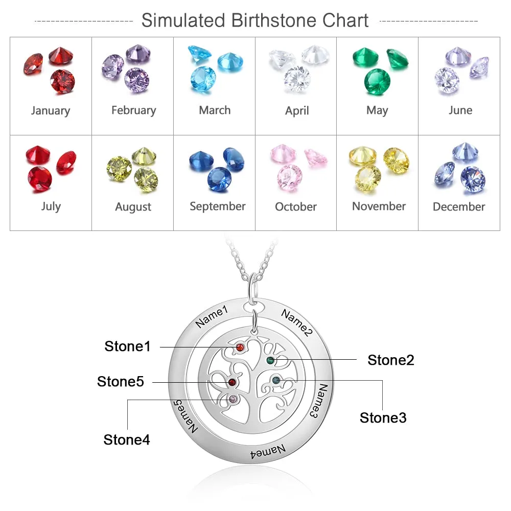 Tree of Life Name Necklace with Birthstone Name Engraved Pendant Family