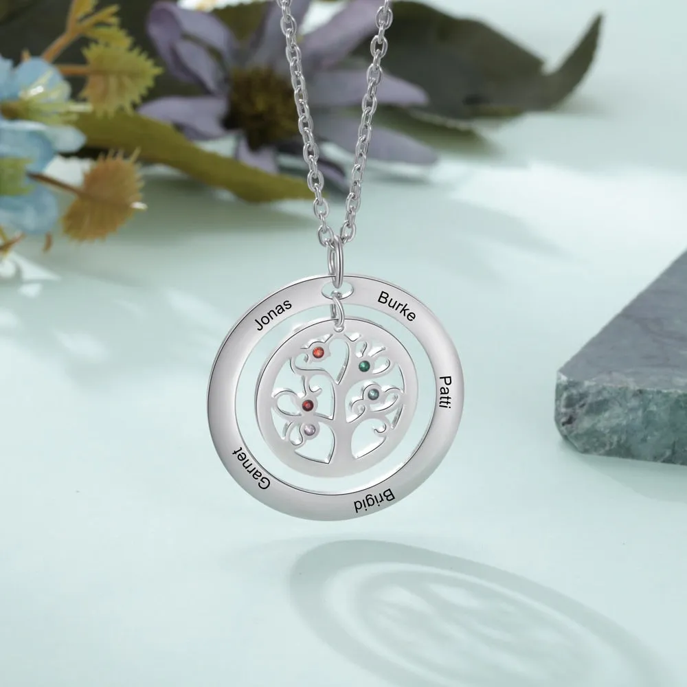 Tree of Life Name Necklace with Birthstone Name Engraved Pendant Family