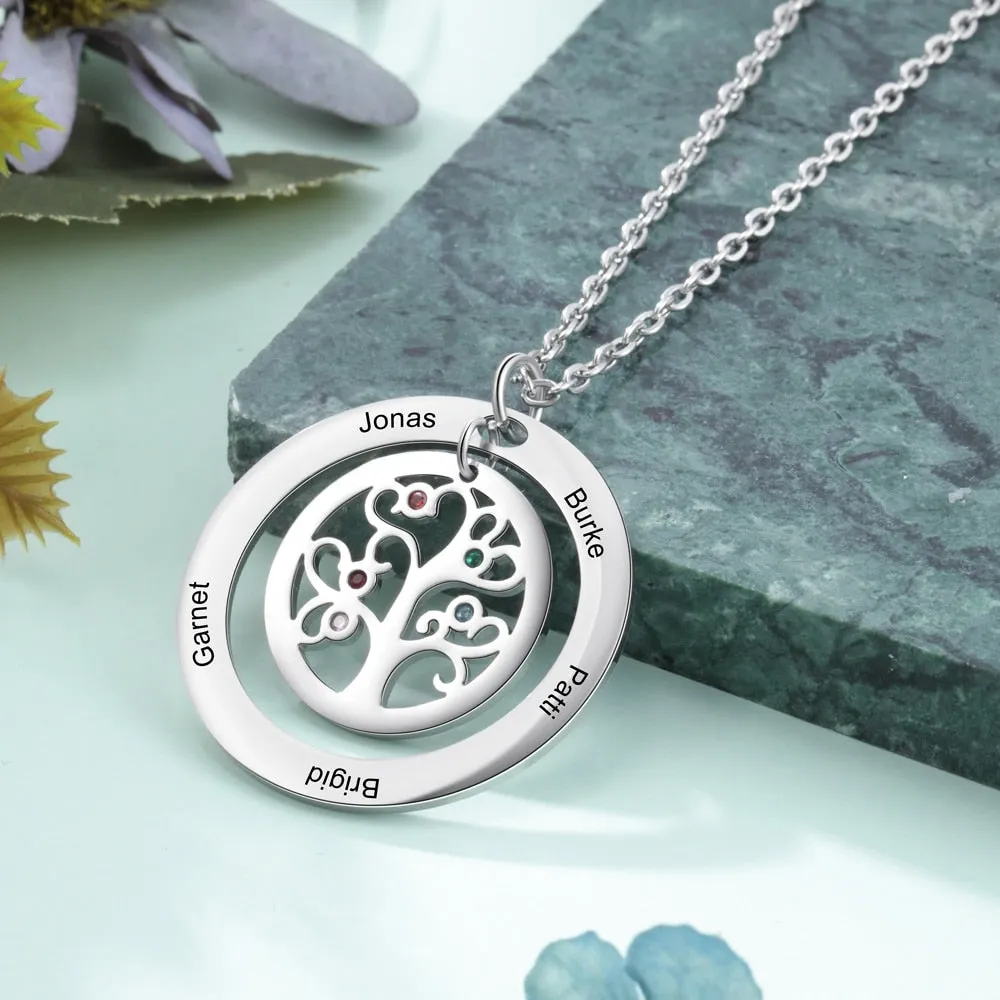 Tree of Life Name Necklace with Birthstone Name Engraved Pendant Family