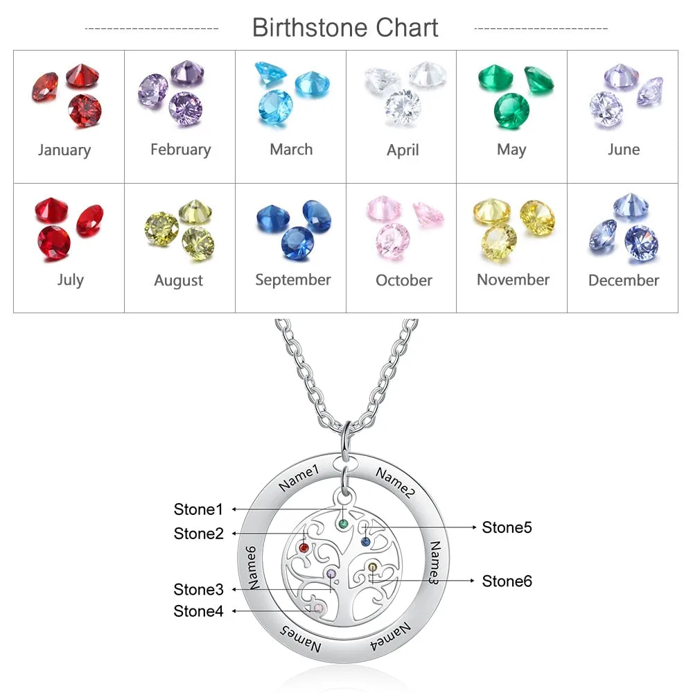 Tree of Life Name Necklace with Birthstone Name Engraved Pendant Family