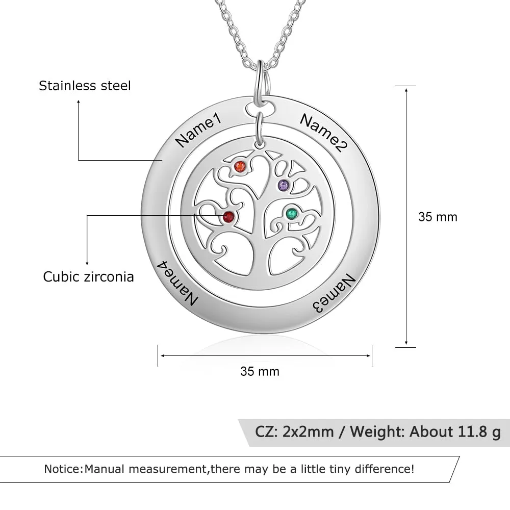 Tree of Life Name Necklace with Birthstone Name Engraved Pendant Family