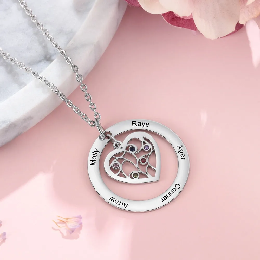 Tree of Life Name Necklace with Birthstone Name Engraved Pendant Family