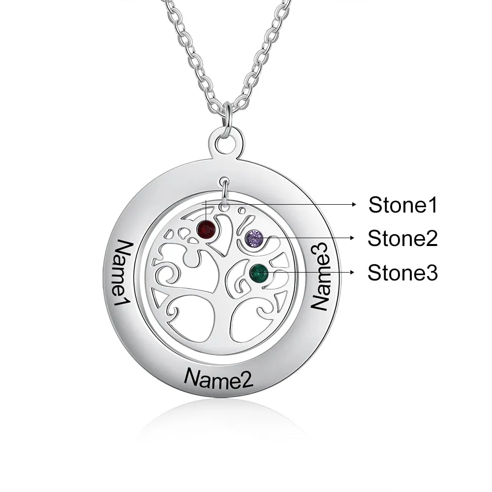 Tree of Life Name Necklace with Birthstone Name Engraved Pendant Family