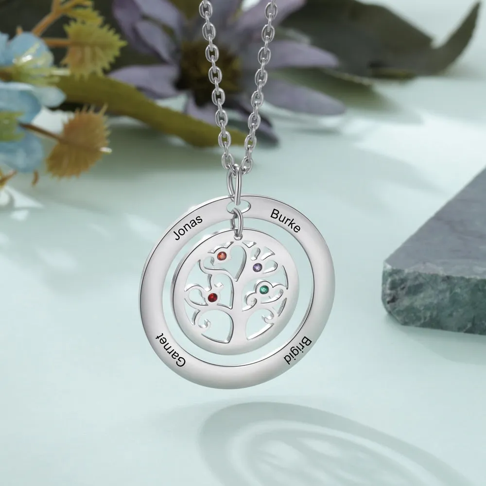 Tree of Life Name Necklace with Birthstone Name Engraved Pendant Family