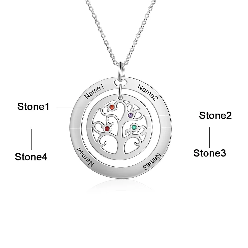 Tree of Life Name Necklace with Birthstone Name Engraved Pendant Family