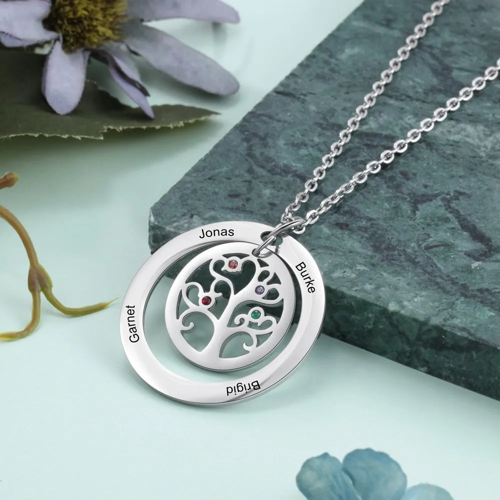 Tree of Life Name Necklace with Birthstone Name Engraved Pendant Family