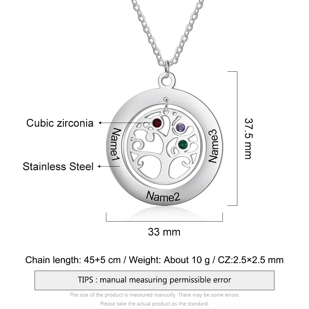 Tree of Life Name Necklace with Birthstone Name Engraved Pendant Family