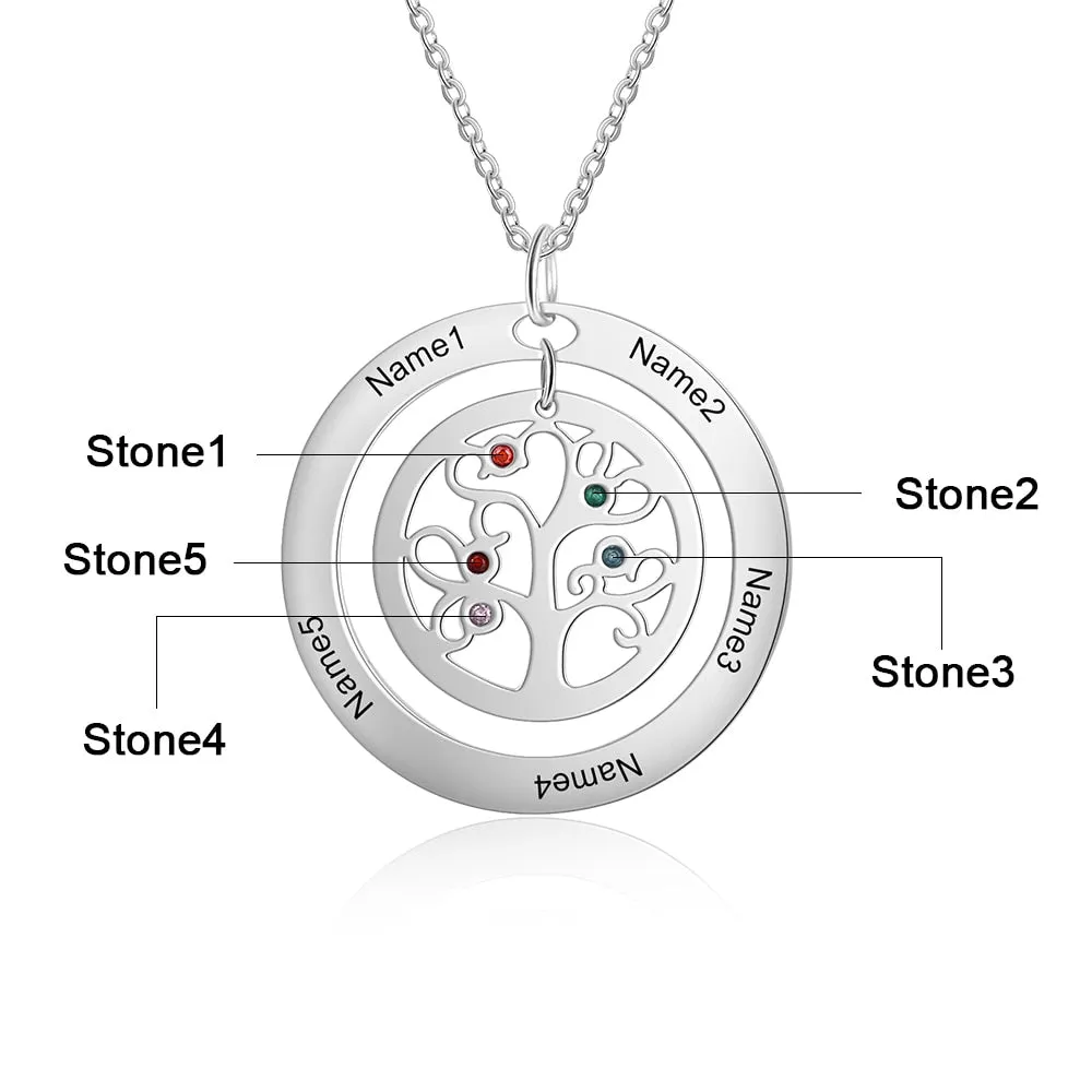 Tree of Life Name Necklace with Birthstone Name Engraved Pendant Family