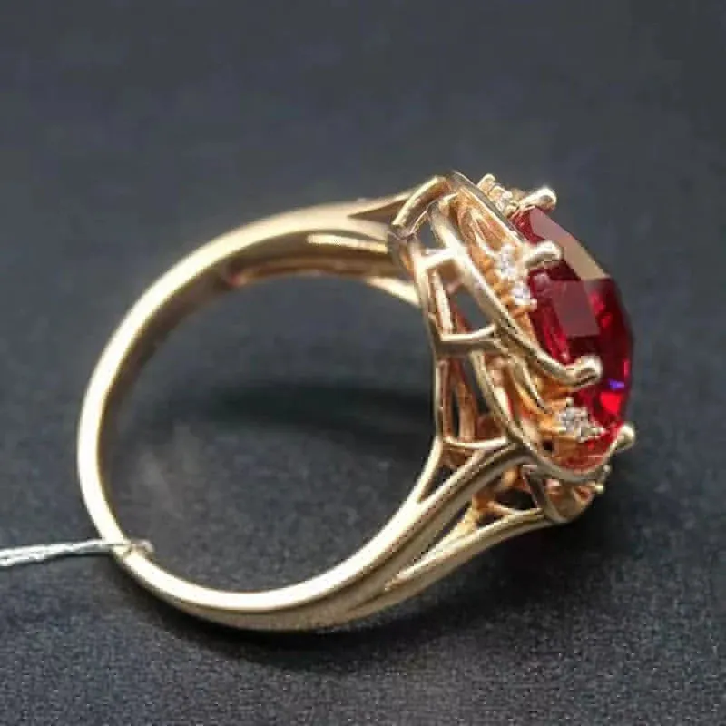 VAIGE Elegant 14K Rose Gold Inlaid Ruby Flower Crystal Ring