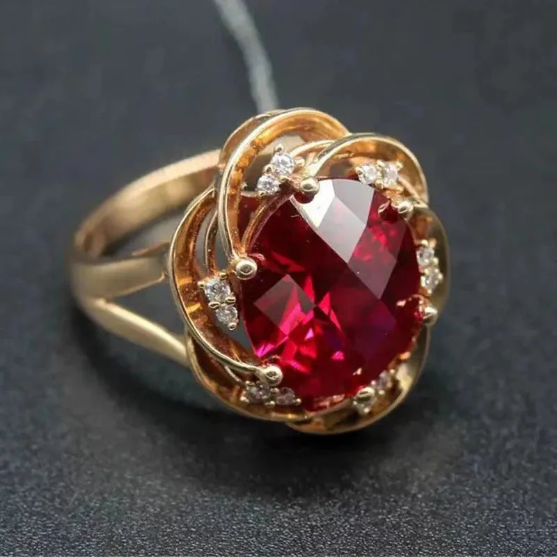 VAIGE Elegant 14K Rose Gold Inlaid Ruby Flower Crystal Ring