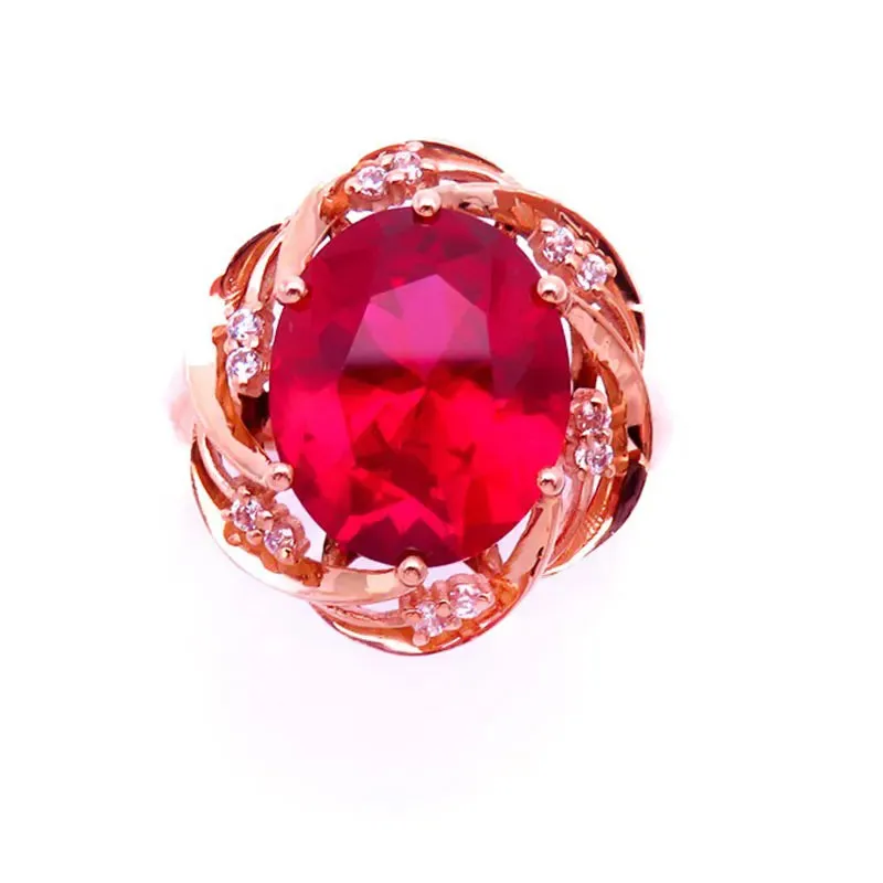 VAIGE Elegant 14K Rose Gold Inlaid Ruby Flower Crystal Ring