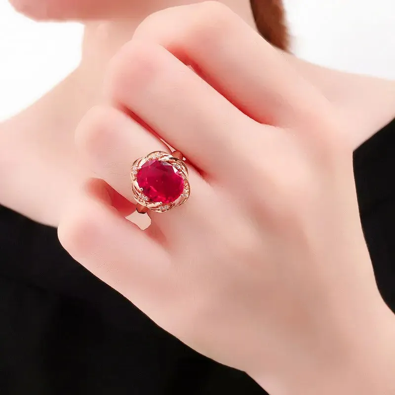 VAIGE Elegant 14K Rose Gold Inlaid Ruby Flower Crystal Ring