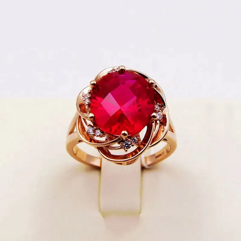 VAIGE Elegant 14K Rose Gold Inlaid Ruby Flower Crystal Ring