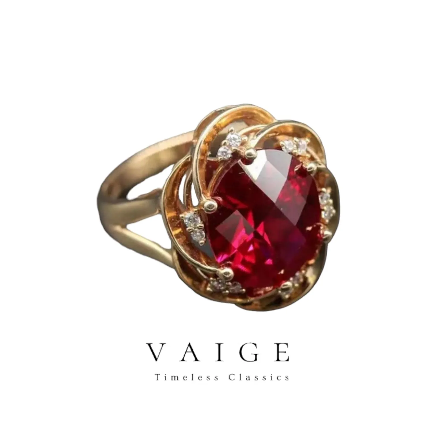 VAIGE Elegant 14K Rose Gold Inlaid Ruby Flower Crystal Ring