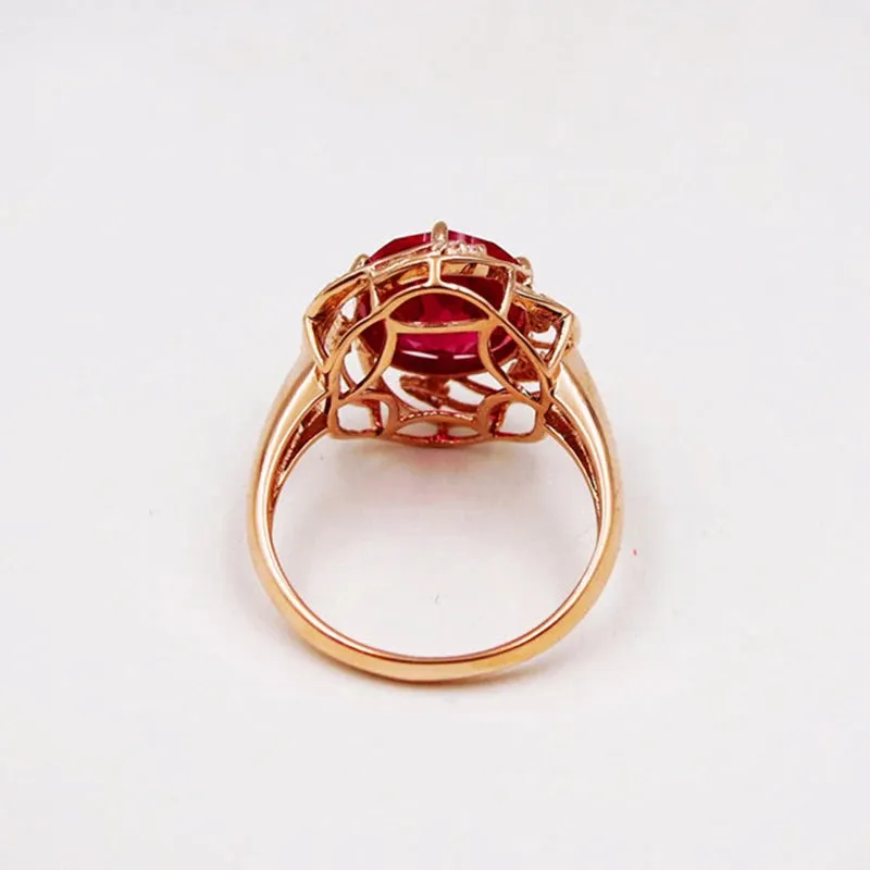 VAIGE Elegant 14K Rose Gold Inlaid Ruby Flower Crystal Ring