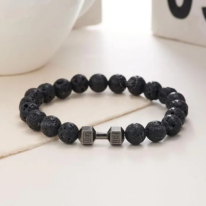 Volcanic Lava Stone Dumbbell Bracelet Black Matte Beads Bracelets