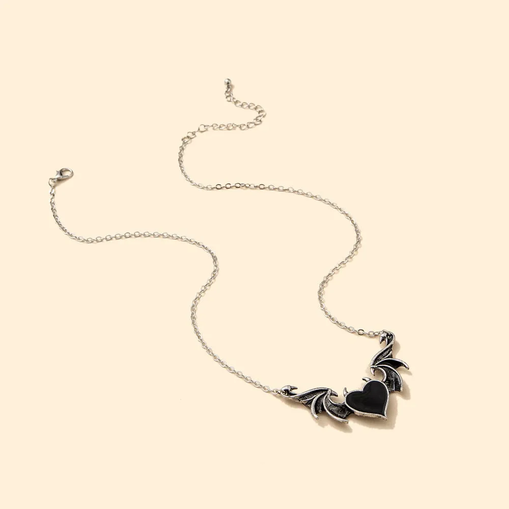 Women's Alloy Punk Style Hip-hop Black Devil Red Love Heart Pendant Necklace