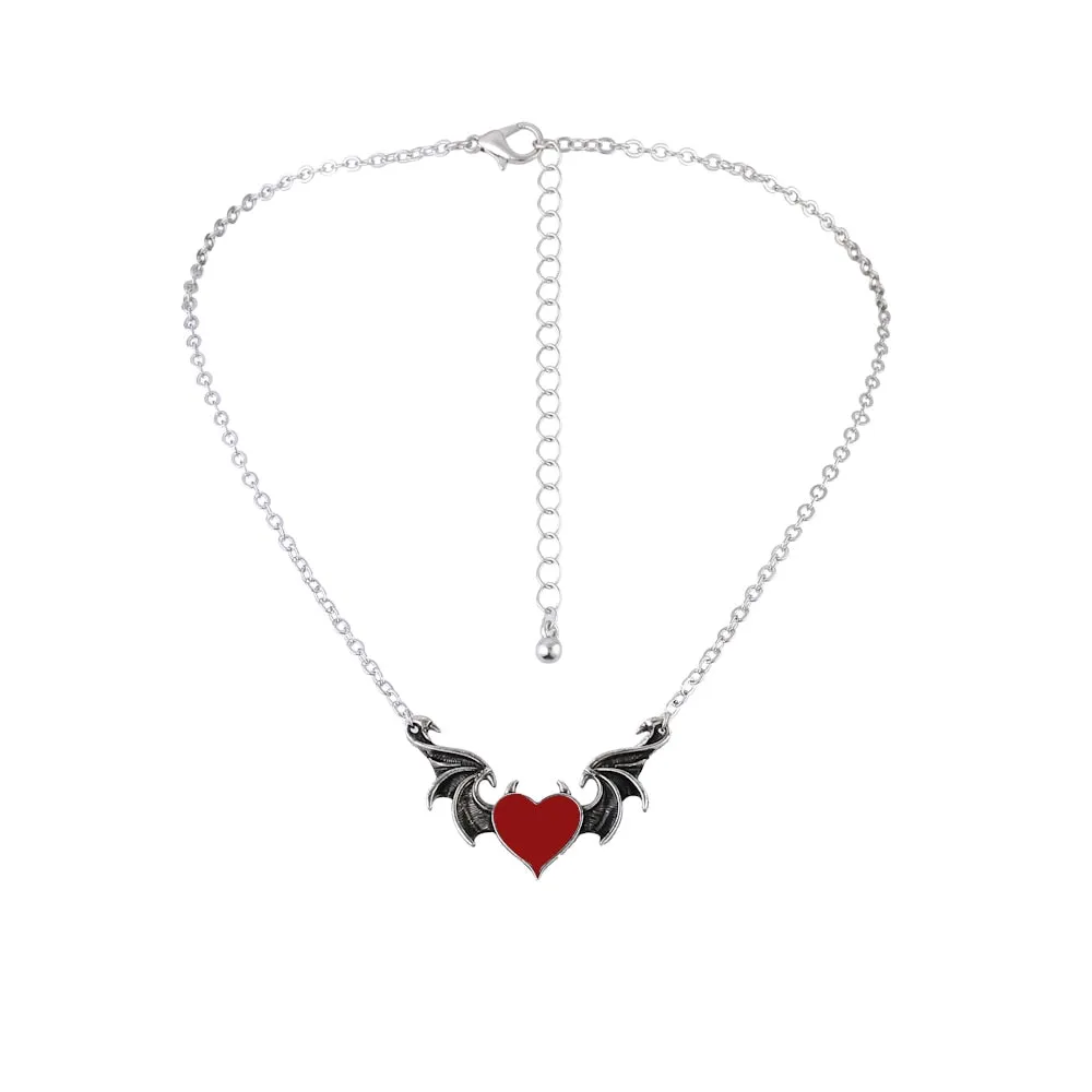 Women's Alloy Punk Style Hip-hop Black Devil Red Love Heart Pendant Necklace