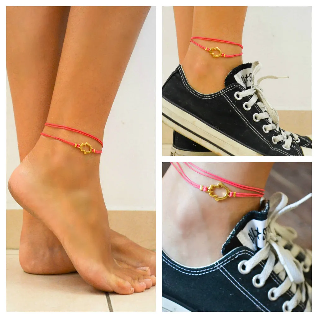 Wrapped cord anklet with gold Hamsa charm, bright pink cord